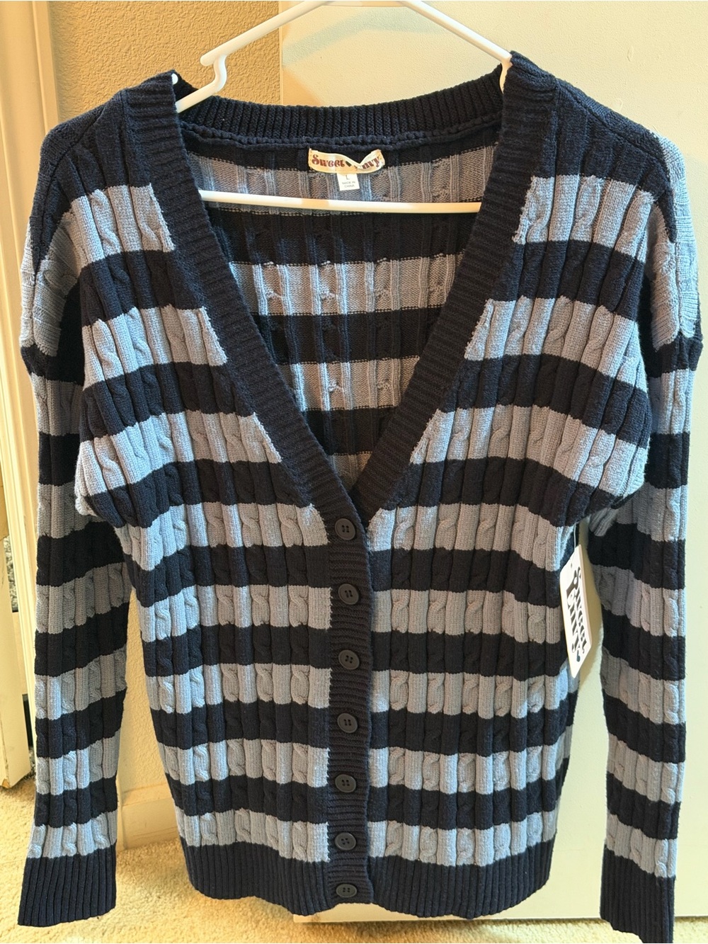 Sweet Envy Blue Striped Cable-Knit Cardigan – Size Large – NWT